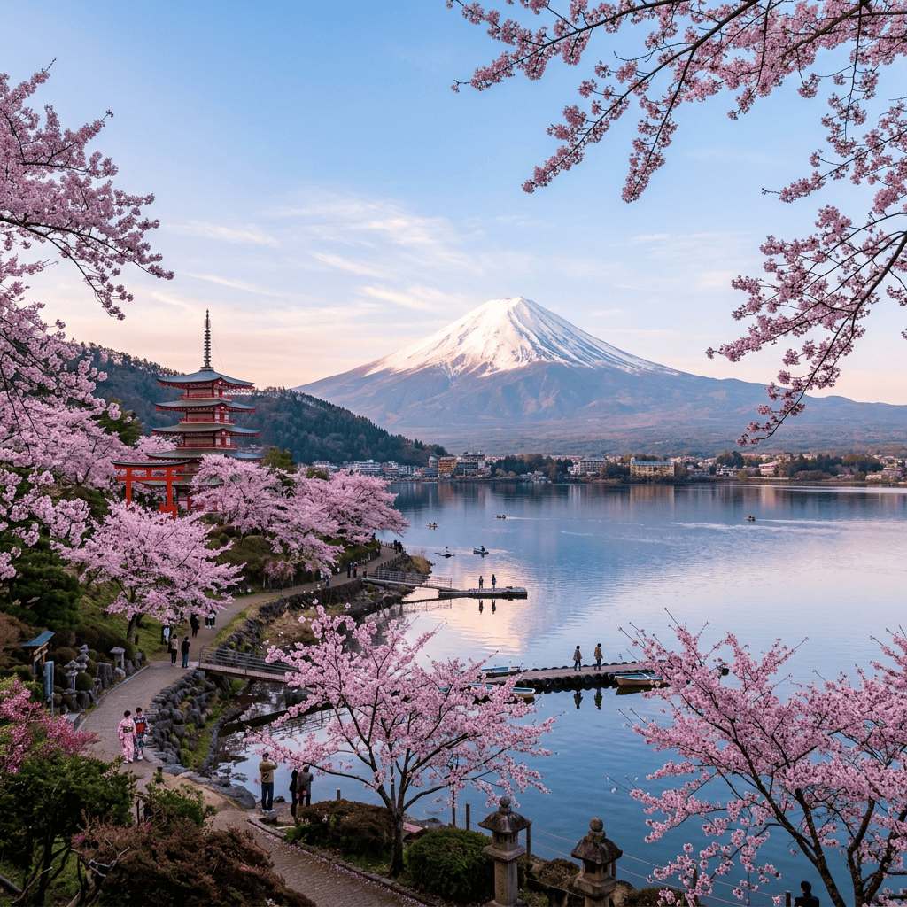 Mount Fuji in the background with snow-covered peak, cherry blossom trees in bloom, a red pagoda, and a lakeside pathway with people
